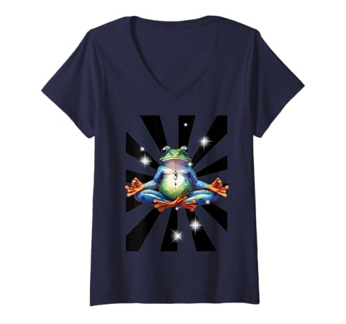 Damen Retro Yoga Yogi Frosch OM Meditation T-Shirt mit V-Ausschnitt von Frosch Frösche Kröte