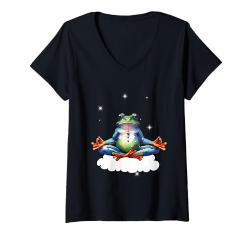 Damen Yoga OM Frosch Yogi Frösche Meditation meditieren T-Shirt mit V-Ausschnitt von Frosch Frösche Kröte