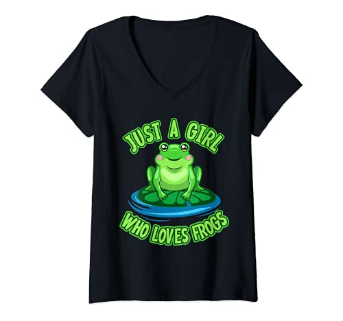 Damen Just A Girl Who Loves Frogs Niedliches grünes Frosch Kostüm T-Shirt mit V-Ausschnitt Damen Just A Girl Who Loves Frogs Niedliches grünes Frosch Kostüm T-Shirt mit V-Ausschnitt von Frosch Geschenk für Mädchen und Frauen