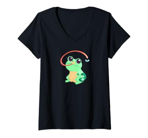 Damen Frosch Geschenke Insekt Fliegenfänger Grüner Frosch T-Shirt mit V-Ausschnitt von Frosch Geschenke Amphibien Tier Glückliche Frösche