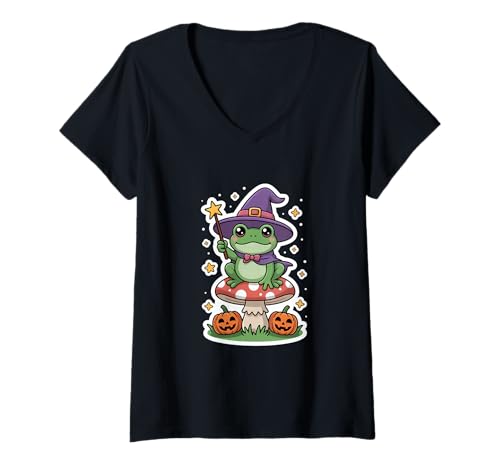 Damen Hexenhut Frosch Fliegenpilz Halloween Kawaii Magie T-Shirt mit V-Ausschnitt Damen Hexenhut Frosch Fliegenpilz Halloween Kawaii Magie T-Shirt mit V-Ausschnitt von Frosch Hexe Halloween Kawaii Pilz Kuerbis Magie