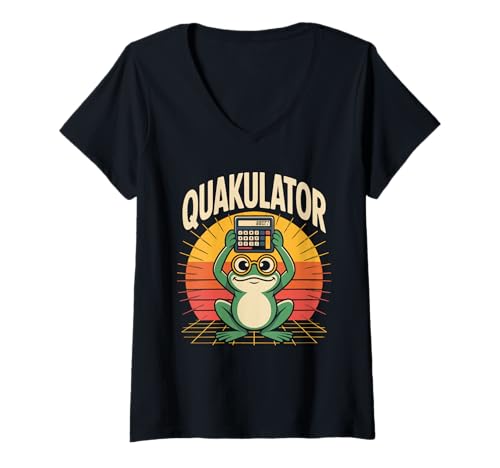 Damen Quakulator Frosch Taschenrechner Grafik T-Shirt mit V-Ausschnitt von Frosch Mit Taschenrechner Retro Humor