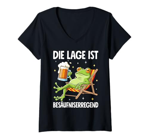 Damen Die Lage Ist Besäufniserregend mit Frosch T-Shirt mit V-Ausschnitt Damen Die Lage Ist Besäufniserregend mit Frosch T-Shirt mit V-Ausschnitt von Frosch Outfits für Party und Kneipentour