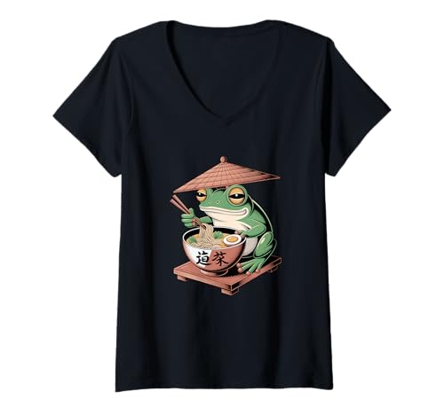 Damen Frosch Mit Ramen Schüssel Und Essstäbchen T-Shirt mit V-Ausschnitt von Frosch Ramen Genuss Japanisch Kulinarisch