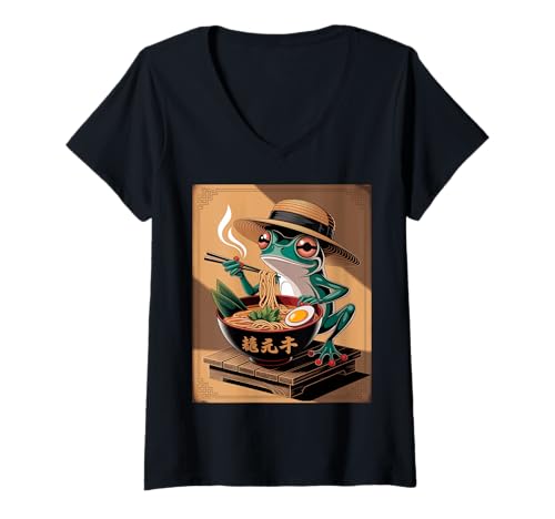 Damen Frosch Mit Ramen Schüssel Und Essstäbchen T-Shirt mit V-Ausschnitt von Frosch Ramen Genuss Japanisch Kulinarisch