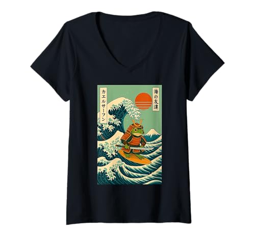 Damen Frosch Samurai Surfen Japanische Welle T-Shirt mit V-Ausschnitt von Frosch Surfer Große Welle Katana Anime Kawaii