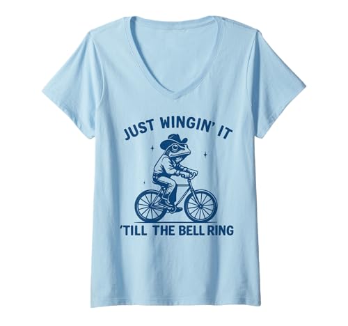Damen Just Wingin' It Till The Bell Ring T-Shirt mit V-Ausschnitt von Frosch meme Lustig Prokrastination