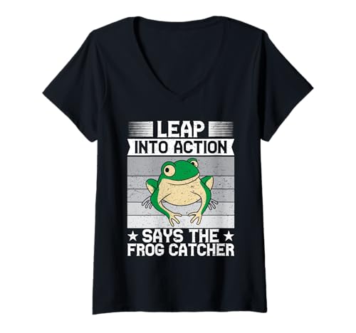 Damen Frosch Jäger Fänger Leap Into Action Frosch T-Shirt mit V-Ausschnitt Damen Frosch Jäger Fänger Leap Into Action Frosch T-Shirt mit V-Ausschnitt von Froschgeschenke Für Jungen Frosch Shirt Kinder