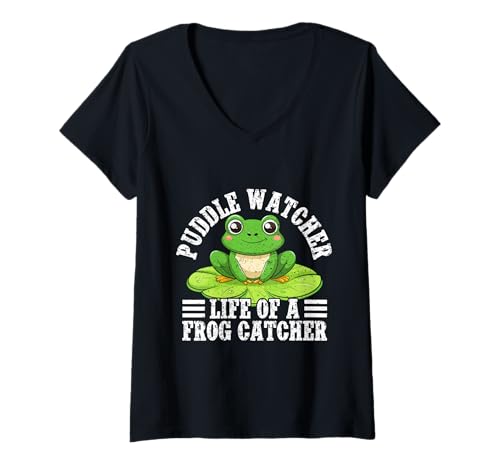 Damen Frosch Jäger Fänger Puddle Watcher Frosch T-Shirt mit V-Ausschnitt Damen Frosch Jäger Fänger Puddle Watcher Frosch T-Shirt mit V-Ausschnitt von Froschgeschenke Für Jungen Frosch Shirt Kinder