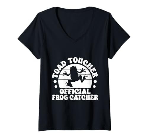 Damen Frosch Jäger Fänger Toad Toucher Official Catcher Frosch T-Shirt mit V-Ausschnitt Damen Frosch Jäger Fänger Toad Toucher Official Catcher Frosch T-Shirt mit V-Ausschnitt von Froschgeschenke Für Jungen Frosch Shirt Kinder
