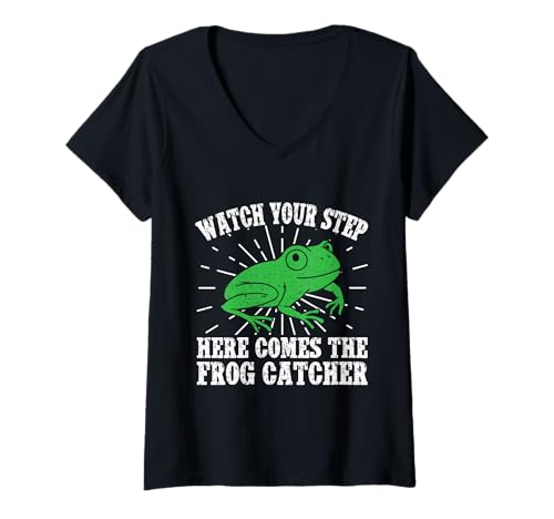 Damen Frosch Jäger Fänger Watch Your Step Frosch T-Shirt mit V-Ausschnitt Damen Frosch Jäger Fänger Watch Your Step Frosch T-Shirt mit V-Ausschnitt von Froschgeschenke Für Jungen Frosch Shirt Kinder