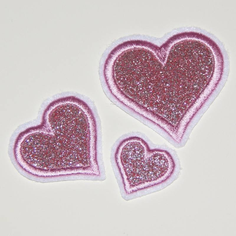Glitzerherzen Gestickt | 3Er Set Rosa - Aufnäher Applikation Zum Aufbügeln Glitzer Herz Schultüte Einschulung Geburtstag von Froschverliebt