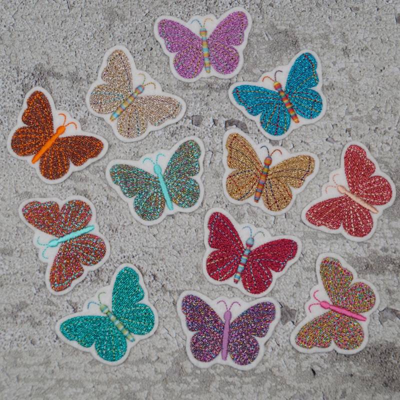 Glitzerschmetterlinge Gestickt - Aufnäher Applikation Zum Aufbügeln Farbwahl Filz Wählbar -Schultüte Einschulung von Froschverliebt