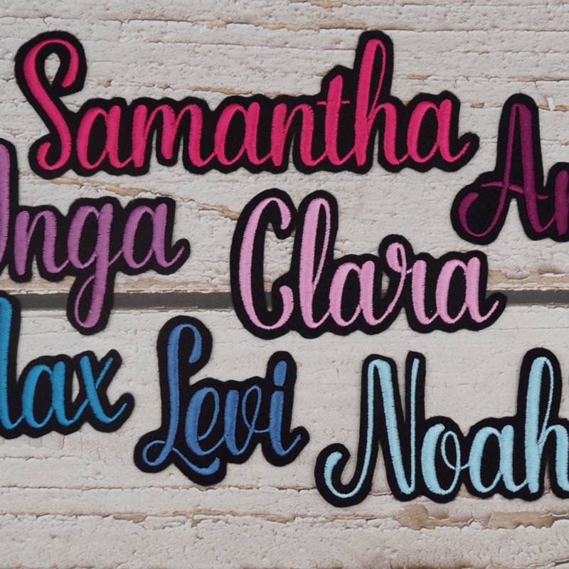 Namenszug Größe L/Schriftart Nr. 14 in Wunschfarbe | 107 Garnfarben Filz Schwarz Wunschname Aufnäher Applikation Stickaufnäher von Froschverliebt