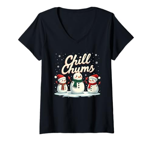 Damen Chill Chums Niedliches Schneemann-Freunde-Design T-Shirt mit V-Ausschnitt Damen Chill Chums Niedliches Schneemann-Freunde-Design T-Shirt mit V-Ausschnitt von Frosty Friends Studio Apparel Home And More