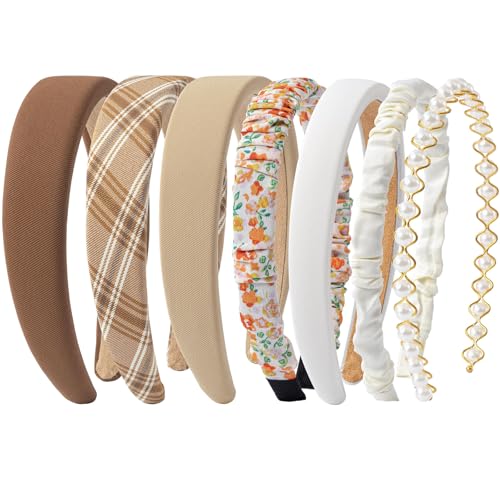 FrostyFlair Haarreifen Damen, 7 Stück Braun Haarband Damen, Rutschfeste, Gepolsterte Haarreif mit Blumenmuster und Süße Perle, Haarreifen, Haarband, Headband FrostyFlair Haarreifen Damen, 7 Stück Braun Haarband Damen, Rutschfeste, Gepolsterte Haarreif mit Blumenmuster und Süße Perle, Haarreifen, Haarband, Headband von FrostyFlair