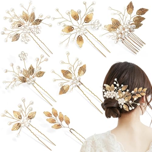 FrostyFlair Haarschmuck Gold, 7 Stück Goldene Blätter Haarschmuck Hochzeit, Kristall Perlen Haarnadeln Hochzeit, Brautschmuck Gold, Brautschmuck Haare FrostyFlair Haarschmuck Gold, 7 Stück Goldene Blätter Haarschmuck Hochzeit, Kristall Perlen Haarnadeln Hochzeit, Brautschmuck Gold, Brautschmuck Haare von FrostyFlair