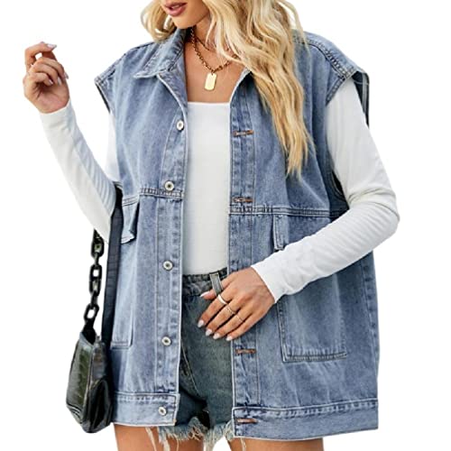 GeknöPfte Gewaschene Jeansjacken äRmellose Poket Insgram Weste VerküRzte Distressed Oversize Jeansweste FüR Den Sommer von Frotox