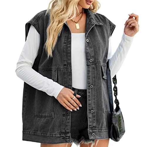 GeknöPfte Gewaschene Jeansjacken äRmellose Poket Insgram Weste VerküRzte Distressed Oversize Jeansweste FüR Den Sommer von Frotox