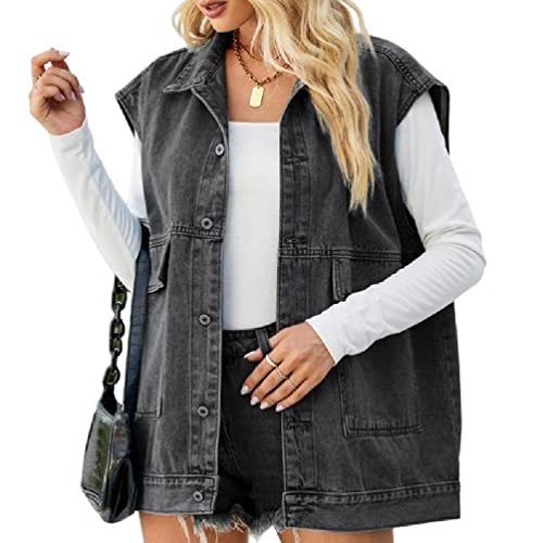 GeknöPfte Gewaschene Jeansjacken äRmellose Poket Insgram Weste VerküRzte Distressed Oversize Jeansweste FüR Den Sommer von Frotox