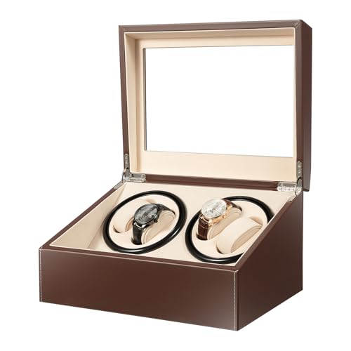 Froulaland Automatische Uhrenbeweger Box PPU Leder Uhrengehäuse 4+6 Weiches von Automatikuhren Lagerung Uhrenkissen Geeignet Für Automatikuhren Kohlefaser Container Mit 6 harten Kissen Braun von Froulaland