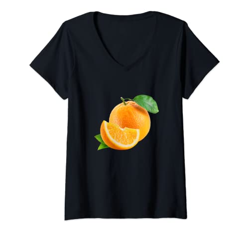 Damen Orange zitrus Früchte Obst geschnitten und ganz mit Blätter T-Shirt mit V-Ausschnitt Damen Orange zitrus Früchte Obst geschnitten und ganz mit Blätter T-Shirt mit V-Ausschnitt von Früchte Obst Designs24