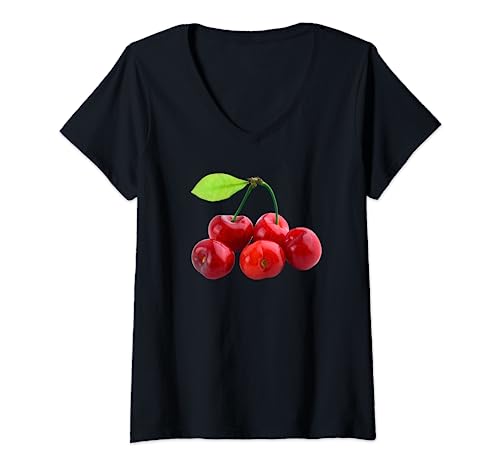 Damen Rote Süß Kirschen mit einem Blatt Kirschen T-Shirt mit V-Ausschnitt Damen Rote Süß Kirschen mit einem Blatt Kirschen T-Shirt mit V-Ausschnitt von Früchte Obst Designs24