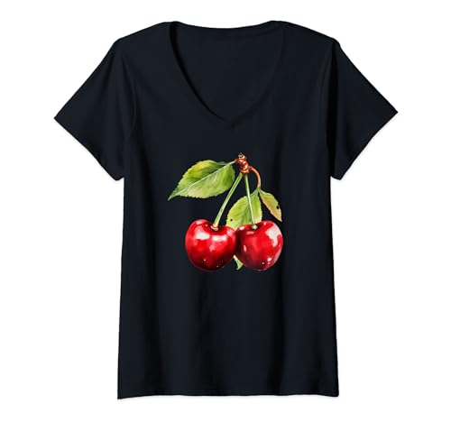 Damen Zwei rote süß Kirschen mit einem Blatt gemalt Obst Kirschen T-Shirt mit V-Ausschnitt Damen Zwei rote süß Kirschen mit einem Blatt gemalt Obst Kirschen T-Shirt mit V-Ausschnitt von Früchte Obst Designs24