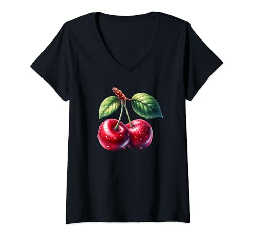 Damen Zwei rote süß Kirschen mit einem Blatt und Tropfen Kirschen T-Shirt mit V-Ausschnitt Damen Zwei rote süß Kirschen mit einem Blatt und Tropfen Kirschen T-Shirt mit V-Ausschnitt von Früchte Obst Designs24