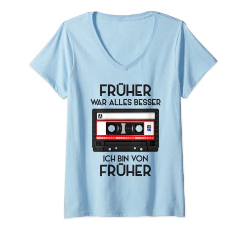 Damen Retro Kassette 80er 90er Jahre Party 90s Kostüm Verkleidung T-Shirt mit V-Ausschnitt Damen Retro Kassette 80er 90er Jahre Party 90s Kostüm Verkleidung T-Shirt mit V-Ausschnitt von Früher War Alles Besser Lustiger 90s Spruch