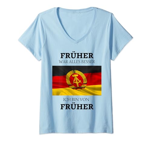 Damen Retro DDR 80er 90er Jahre Party Kostüm Verkleidung T-Shirt mit V-Ausschnitt Damen Retro DDR 80er 90er Jahre Party Kostüm Verkleidung T-Shirt mit V-Ausschnitt von Früher war alles besser lustiger 90s Spruch
