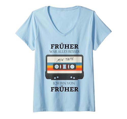 Damen Retro Kassette 80er 90er Jahre Party Kostüm Verkleidung T-Shirt mit V-Ausschnitt Damen Retro Kassette 80er 90er Jahre Party Kostüm Verkleidung T-Shirt mit V-Ausschnitt von Früher war alles besser lustiger 90s Spruch