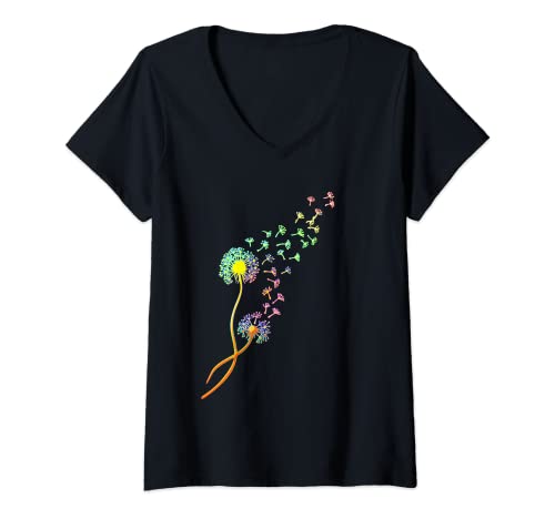 Damen Bunte Pusteblume Löwenzahn Blume Frühling Sommer T-shirt T-Shirt mit V-Ausschnitt von Frühling & Blumen by Anne Mathiasz