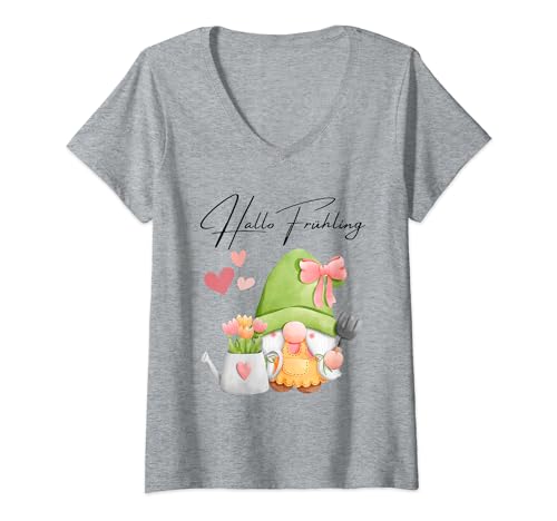 Damen Hallo Frühling für Hobbygärtner Gnom am Gärtnern T-Shirt mit V-Ausschnitt von Frühlingsanfang Pflanzzeit Wichtel mit Tulpen