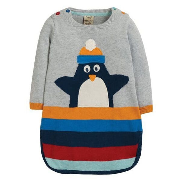 Frugi Kleid Pinguin gestrickt in grau-bunt von Frugi