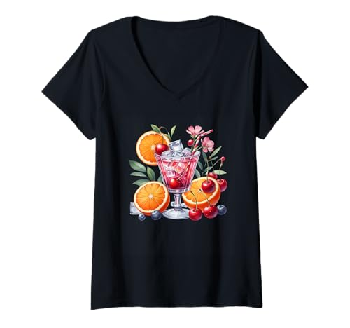 Damen Frucht-Cocktailglas mit EIS und frischen Früchten T-Shirt mit V-Ausschnitt von Fruit Cocktail Vibrant Summer Refreshment Art