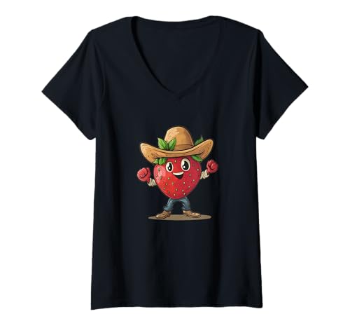 Damen Feines Erdbeer-Cowboy-Kostüm für Obst- und Ranch-Liebhaber T-Shirt mit V-Ausschnitt Damen Feines Erdbeer-Cowboy-Kostüm für Obst- und Ranch-Liebhaber T-Shirt mit V-Ausschnitt von Fruit Cowboy Outfit