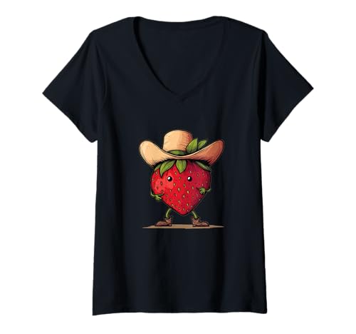 Damen Hübscher Erdbeer-Cowboy T-Shirt mit V-Ausschnitt Damen Hübscher Erdbeer-Cowboy T-Shirt mit V-Ausschnitt von Fruit Cowboy Outfit