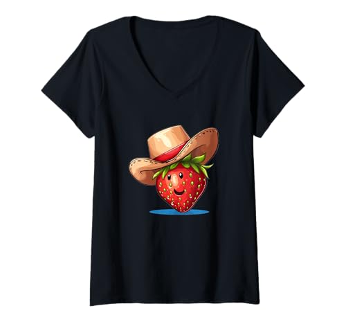 Damen Lächelndes Erdbeergesicht mit Cowboyhutkostüm T-Shirt mit V-Ausschnitt Damen Lächelndes Erdbeergesicht mit Cowboyhutkostüm T-Shirt mit V-Ausschnitt von Fruit Cowboy Outfit