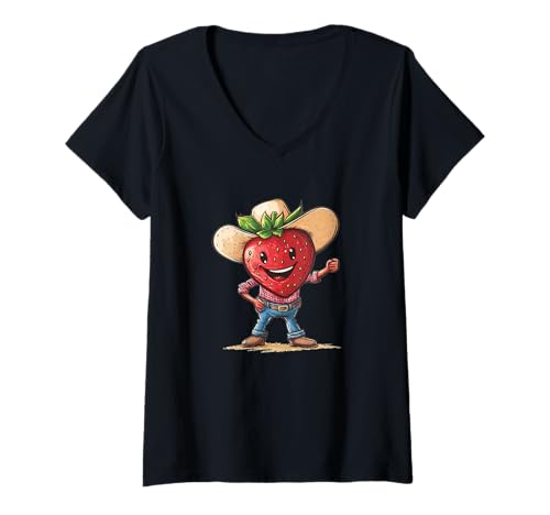 Damen Lustige Ranch Cowboy-Erdbeere T-Shirt mit V-Ausschnitt Damen Lustige Ranch Cowboy-Erdbeere T-Shirt mit V-Ausschnitt von Fruit Cowboy Outfit