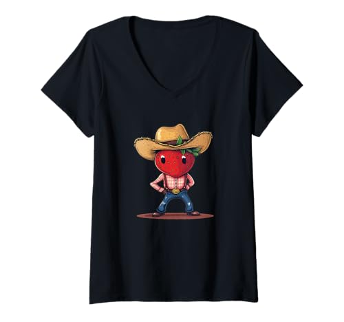Damen Lustiges Erdbeer-Ranch-Kostüm für Cowboy-Look-Liebhaber T-Shirt mit V-Ausschnitt von Fruit Cowboy Outfit