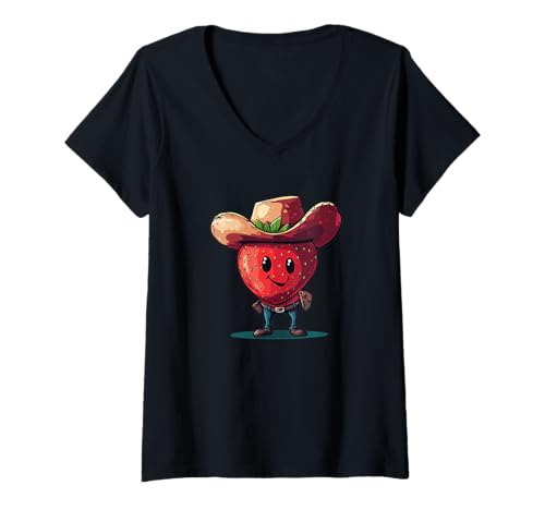 Damen Süßes Erdbeere im Cowboy-Kostüm T-Shirt mit V-Ausschnitt Damen Süßes Erdbeere im Cowboy-Kostüm T-Shirt mit V-Ausschnitt von Fruit Cowboy Outfit