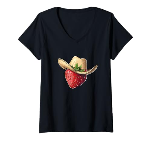 Damen Western Erdbeere mit Cowboyhut T-Shirt mit V-Ausschnitt Damen Western Erdbeere mit Cowboyhut T-Shirt mit V-Ausschnitt von Fruit Cowboy Outfit