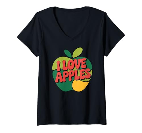 Damen I Love Apples Retro-Stil Apfel-Design T-Shirt mit V-Ausschnitt Damen I Love Apples Retro-Stil Apfel-Design T-Shirt mit V-Ausschnitt von Fruit Enthusiast Apple Lovers Community