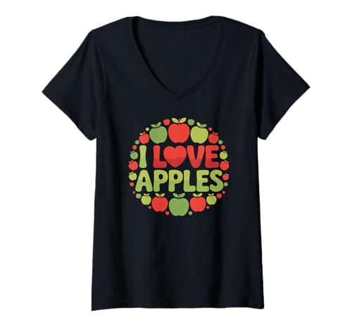 Damen I Love Apples Herz Fruit Lover Design T-Shirt mit V-Ausschnitt von Fruit Enthusiast Apple Orchard Delight