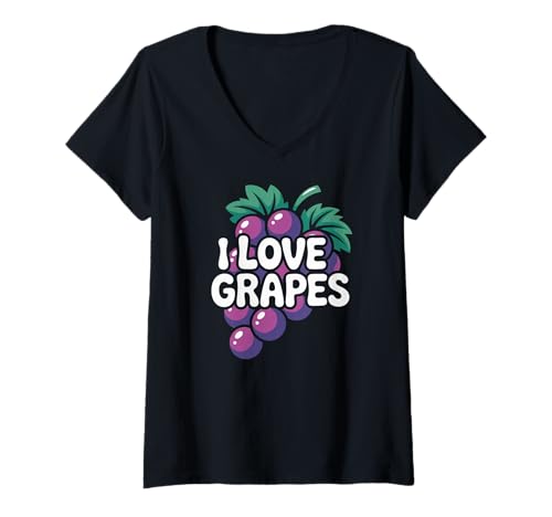 Damen Aufdruck „Ich Liebe Trauben“ mit saftigen Früchten und Passionsmuster T-Shirt mit V-Ausschnitt Damen Aufdruck „Ich Liebe Trauben“ mit saftigen Früchten und Passionsmuster T-Shirt mit V-Ausschnitt von Fruit Enthusiast Delight Grapes Lover