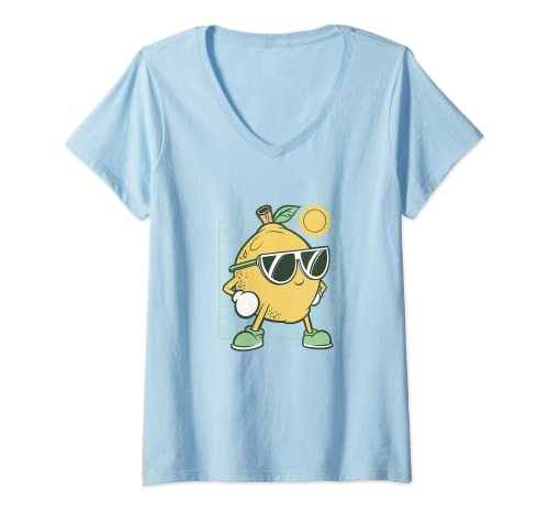 Damen Lustiges Zitronen-Obst-Cartoon-Essen T-Shirt mit V-Ausschnitt von Fruit Food Lemons Cartoon