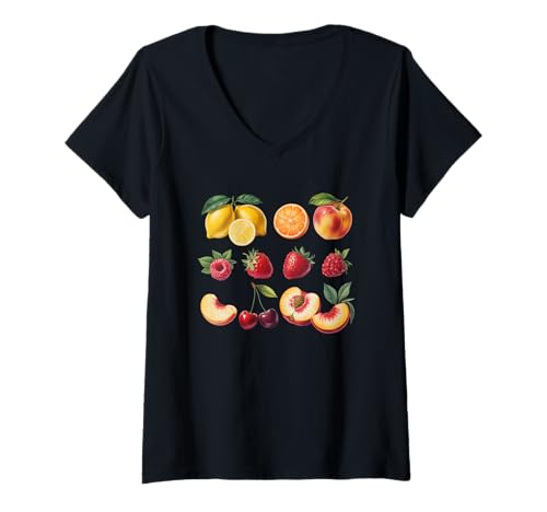 Damen Bunte sortierte Früchte Illustration Vintage-Stil T-Shirt mit V-Ausschnitt Damen Bunte sortierte Früchte Illustration Vintage-Stil T-Shirt mit V-Ausschnitt von Fruit Illustration, Assorted Fruits