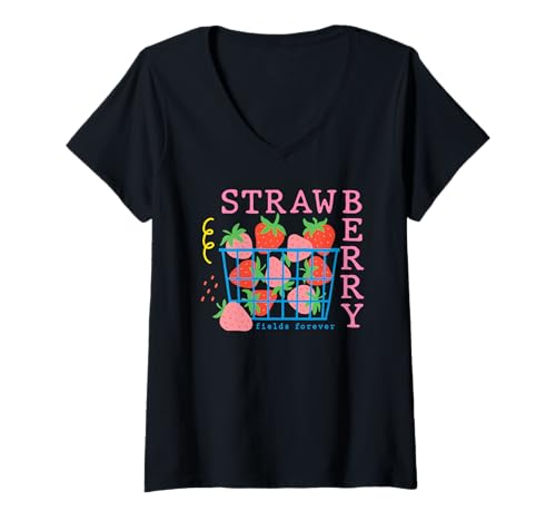 Damen Erdbeerkorb Retro Fruit Fields Forever Farmers Market T-Shirt mit V-Ausschnitt Damen Erdbeerkorb Retro Fruit Fields Forever Farmers Market T-Shirt mit V-Ausschnitt von Fruit Puns & Happy Produce Market Tee Collection