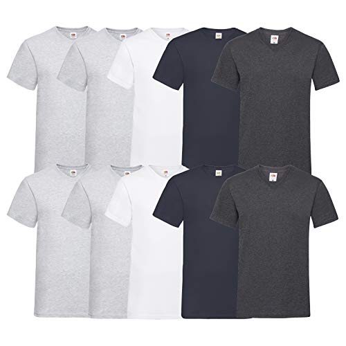 Fruit of the Loom 10 T Shirts V-Neck M L XL XXL 3XL 4XL 5XL V-Ausschnitt Diverse Farben -HL-Kauf (XL, 4Grau2Weiß2D.Navy2D.Heather) von Fruit of the Loom